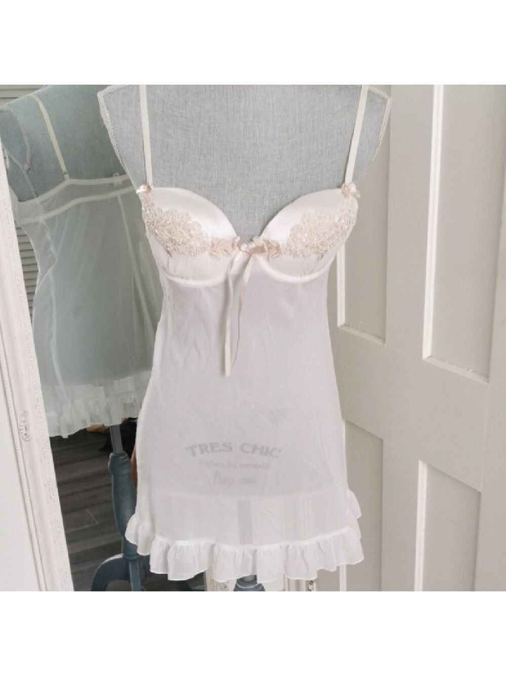 Linea Donatella ivory sheer baby doll sequins lingerie bridal wedding. Size S